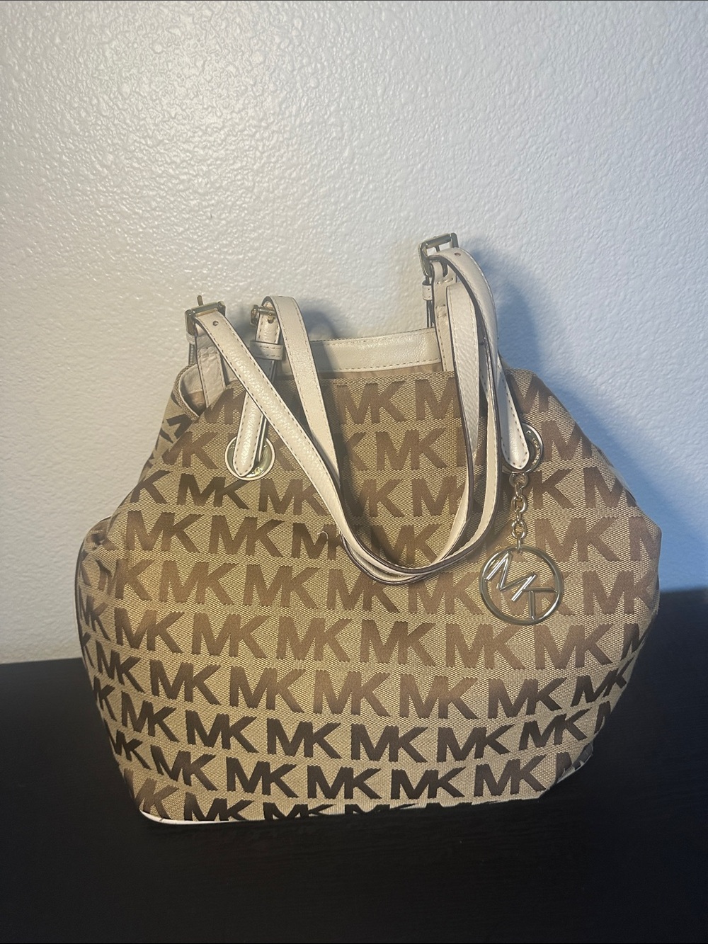 Michael Kors Brown Beige MK Logo Tote with Charm